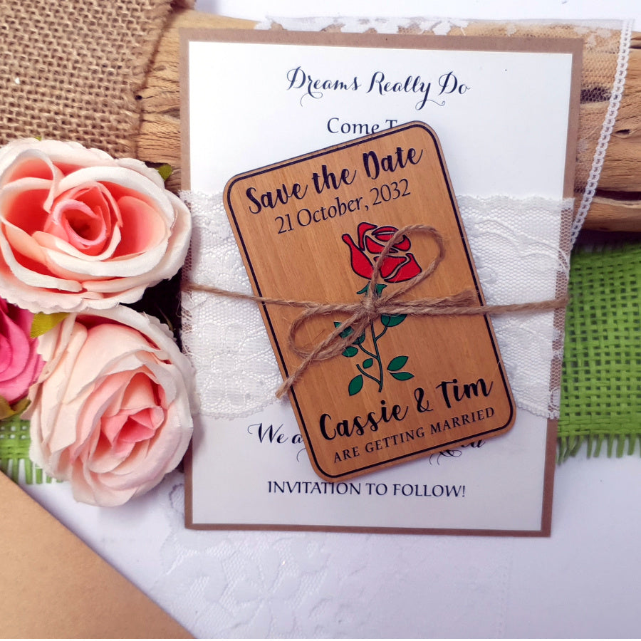 Wooden Save the Date Magnet Red Rose