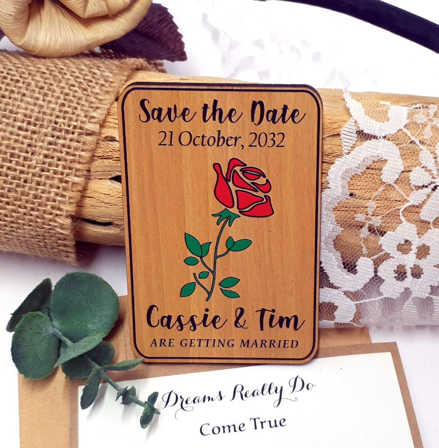Wooden Save the Date Magnet Red Rose
