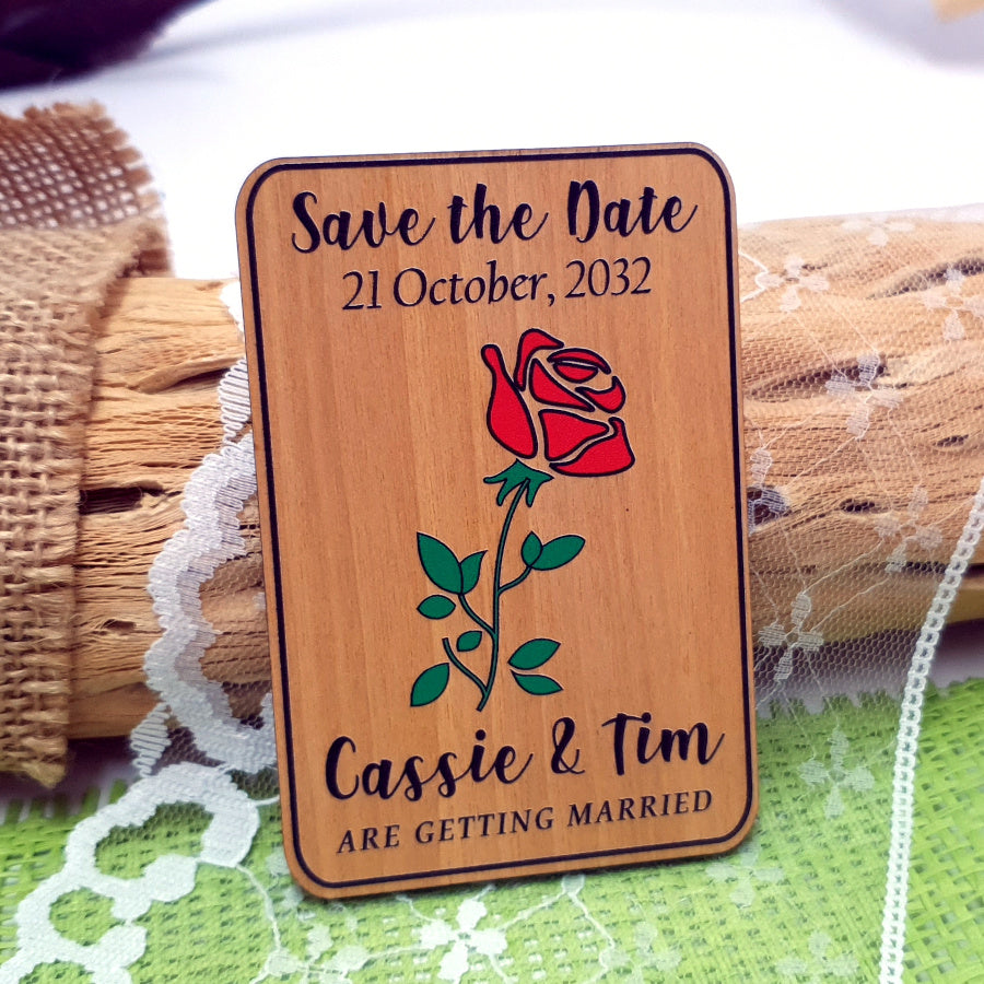 Wooden Save the Date Magnet Red Rose