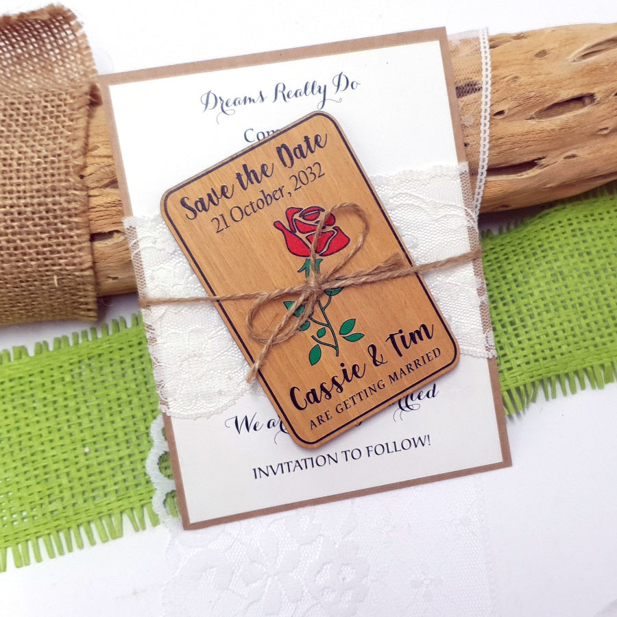 Wooden Save the Date Magnet Red Rose