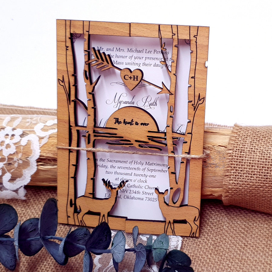Unique Wooden Forest Wedding Invitation with Deers in Love
