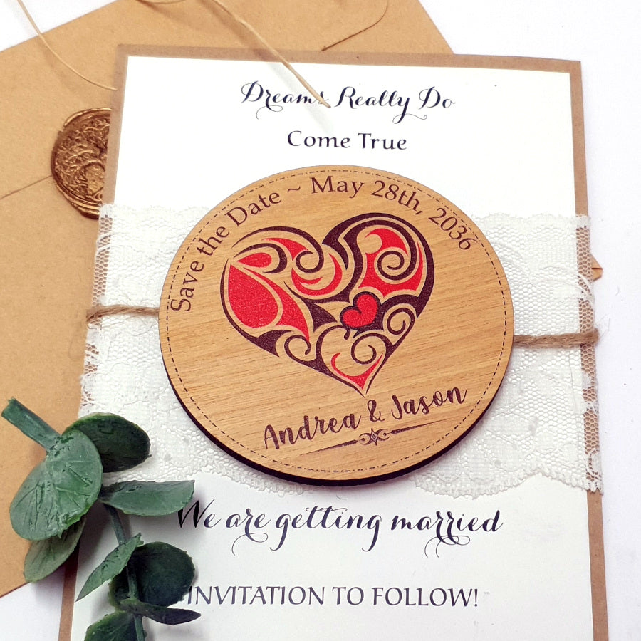 Rustic Wooden Save the Date Magnet-Red Heart
