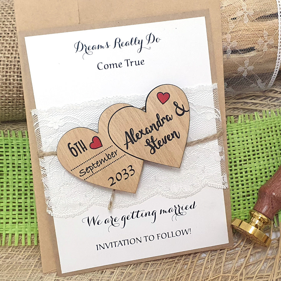 Unique Save the Date Wooden Magnet-Two Hearts