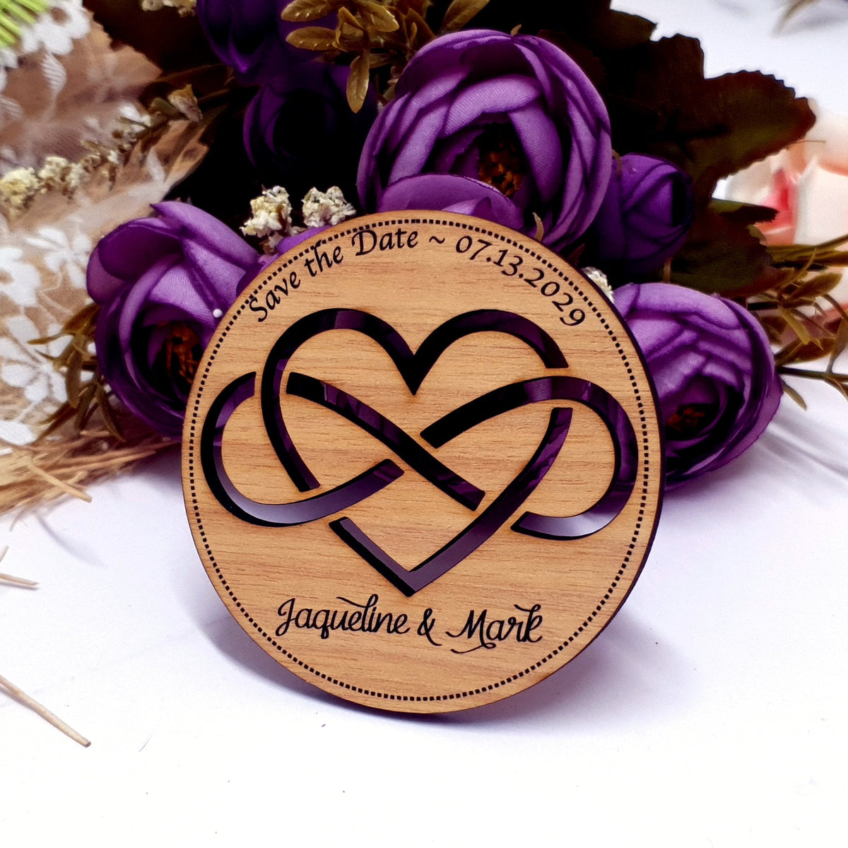 Wooden Save the Date Magnet - Infinity Heart