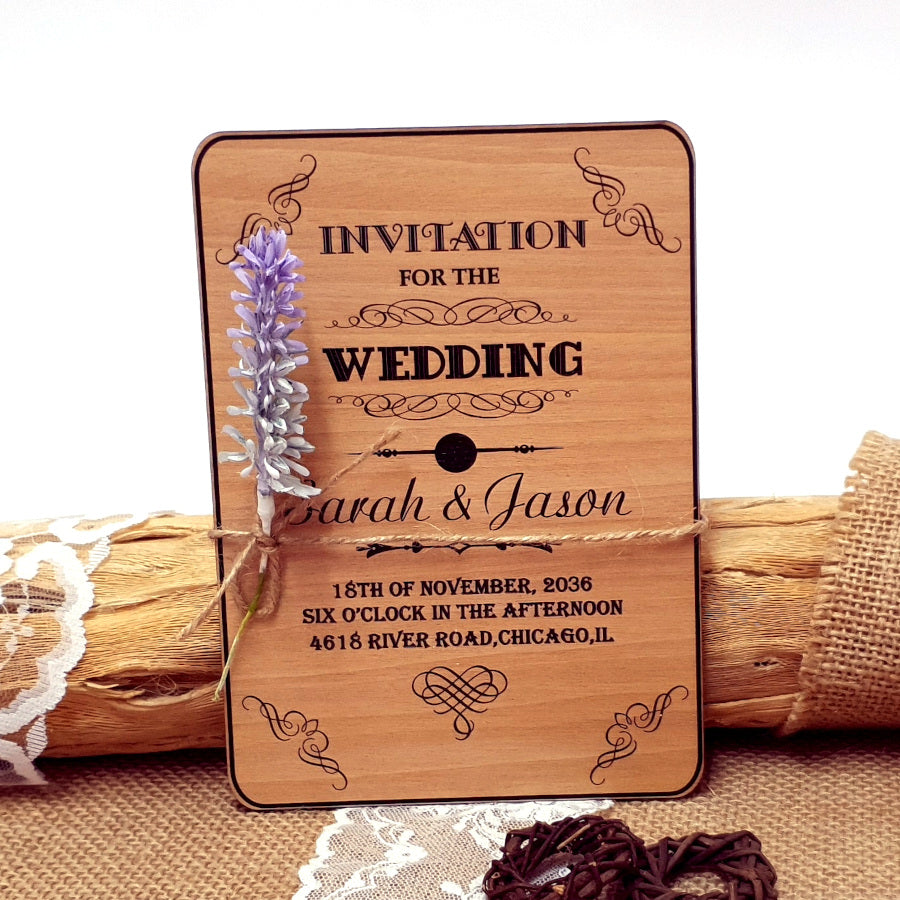 Unique Wooden Wedding Invitation - Lavender