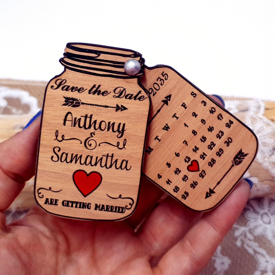Unique Wooden Mason Jar Save the Date Magnet with a Calendar