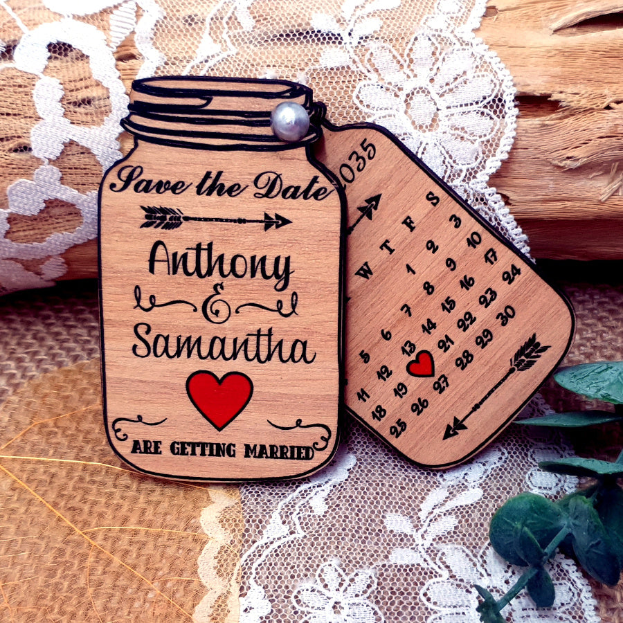 Unique Wooden Mason Jar Save the Date Magnet with a Calendar