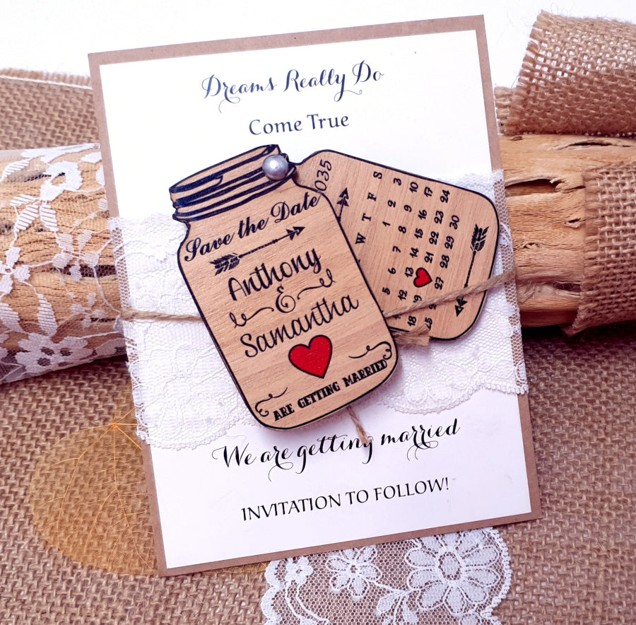 Unique Wooden Mason Jar Save the Date Magnet with a Calendar
