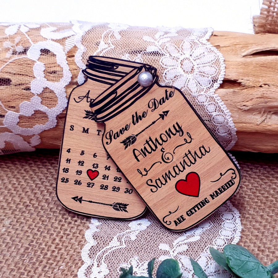 Unique Wooden Mason Jar Save the Date Magnet with a Calendar
