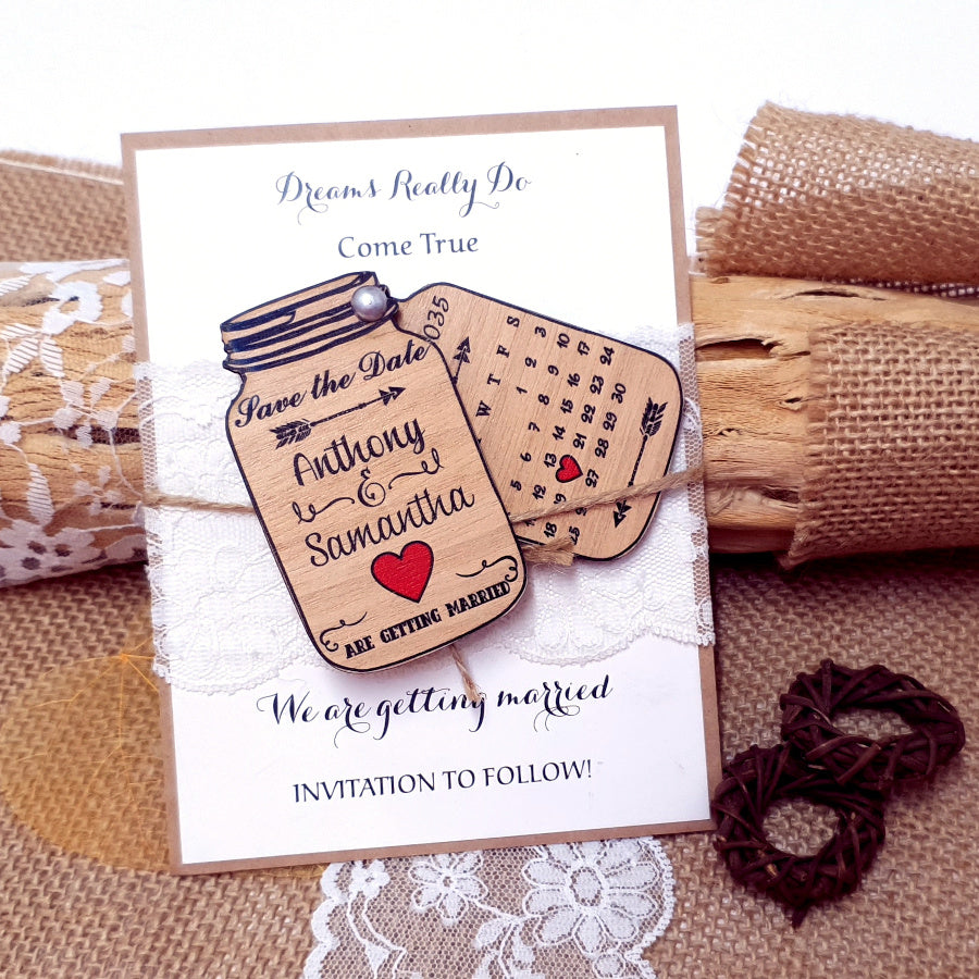 Unique Wooden Mason Jar Save the Date Magnet with a Calendar