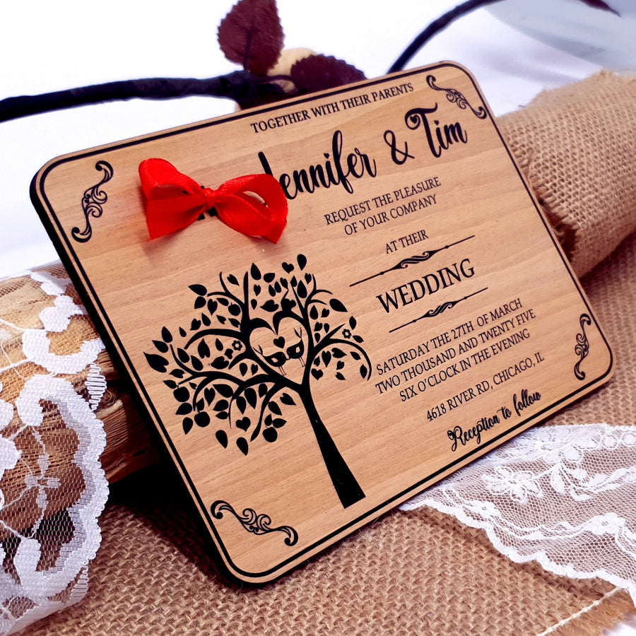 Unique Wooden Wedding Invitation with the Tree of Life and a Red Bow