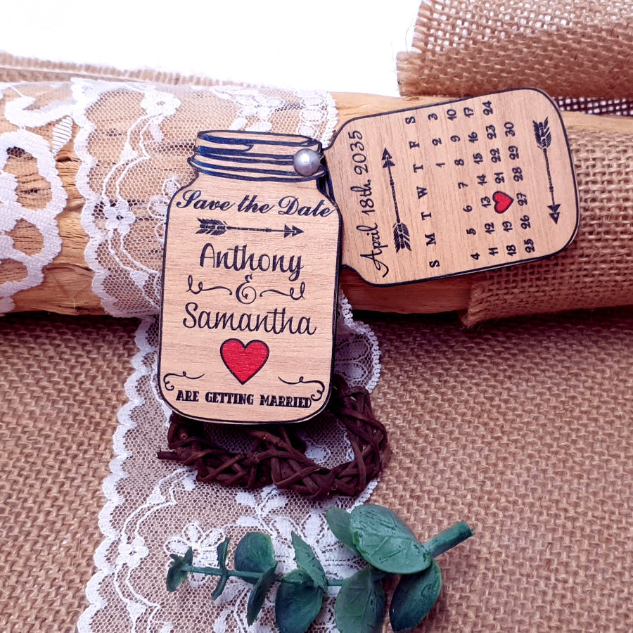 Unique Wooden Mason Jar Save the Date Magnet with a Calendar