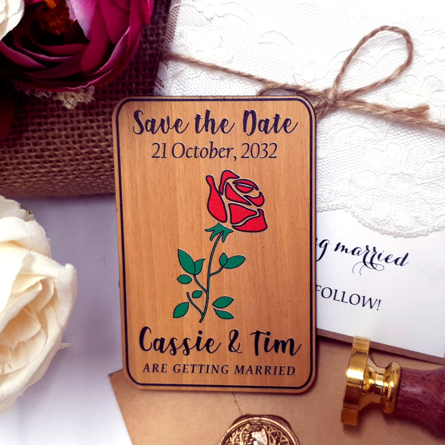 Wooden Save the Date Magnet Red Rose