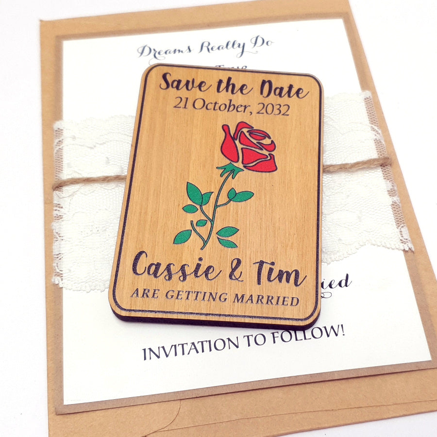 Wooden Save the Date Magnet Red Rose