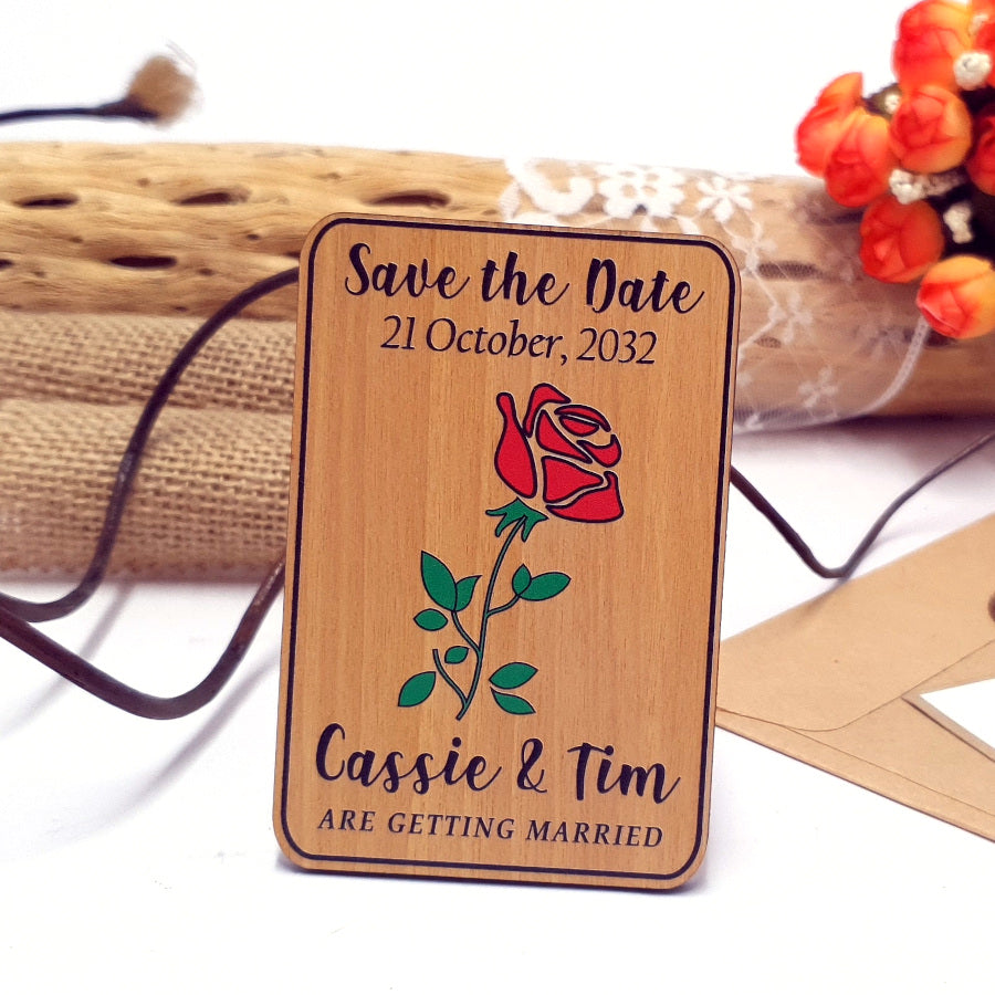 Wooden Save the Date Magnet Red Rose