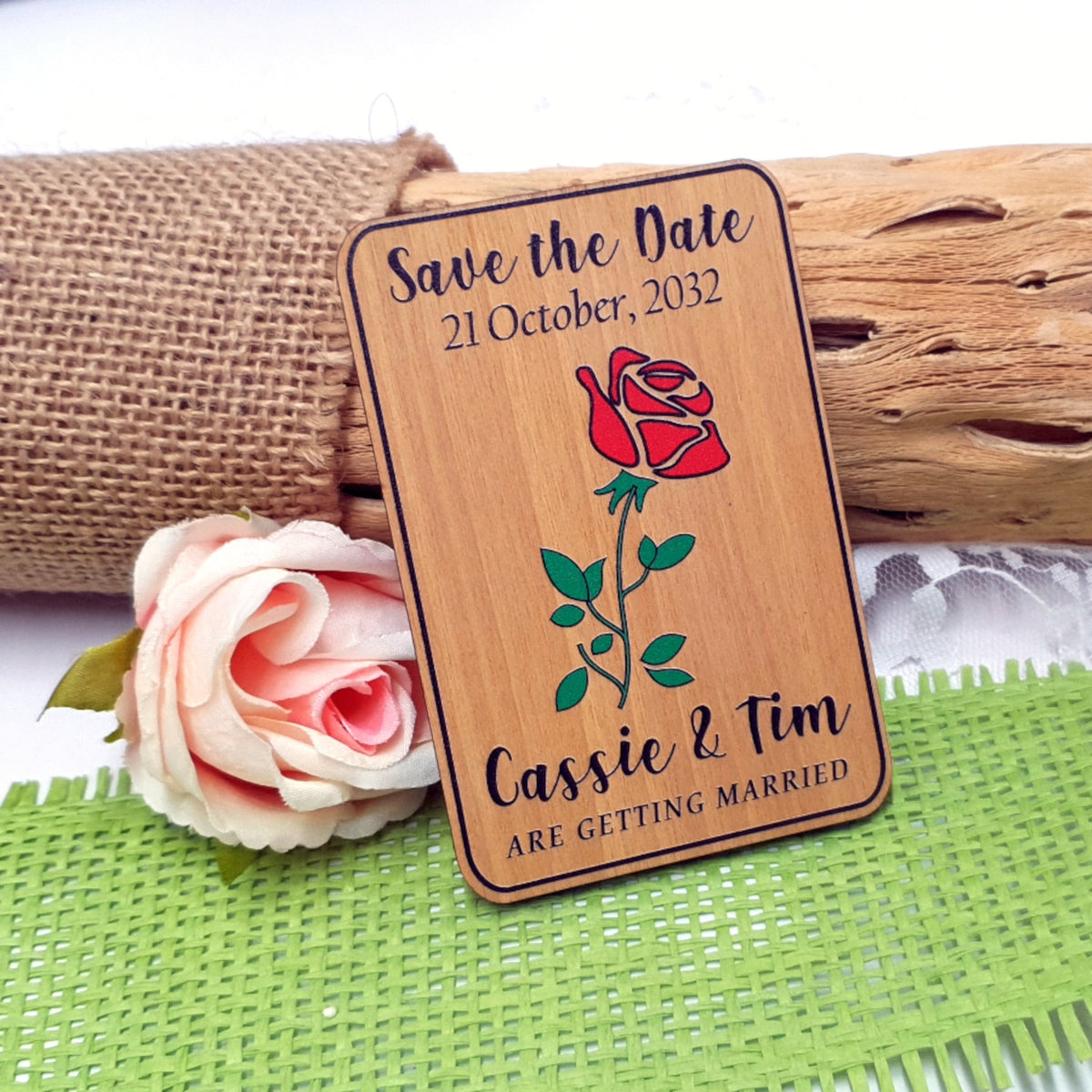 Wooden Save the Date Magnet Red Rose