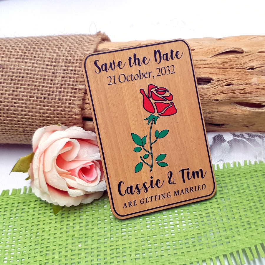 Wooden Save the Date Magnet Red Rose