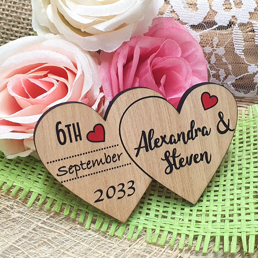Unique Save the Date Wooden Magnet-Two Hearts