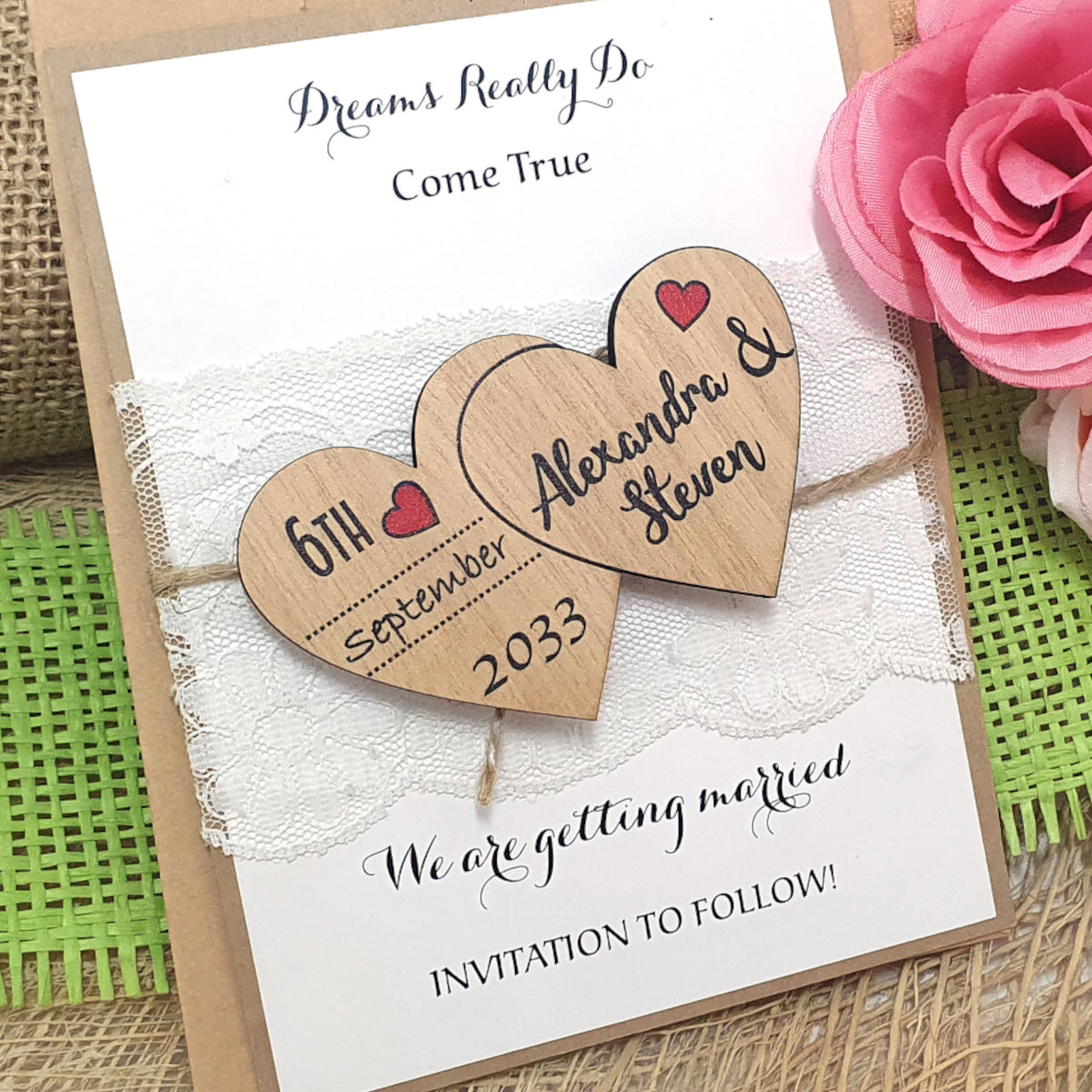 Unique Save the Date Wooden Magnet-Two Hearts
