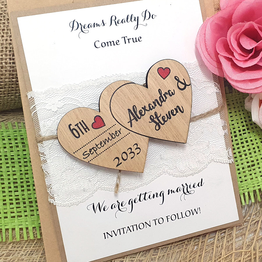 Unique Save the Date Wooden Magnet-Two Hearts