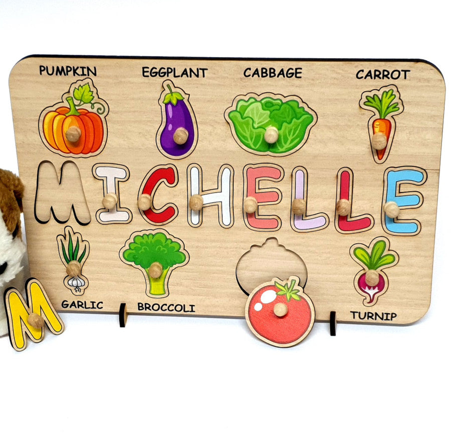 Personalized Wooden Puzzle for Kids-Montesorri Toy Learning Vegetables and Fruits
