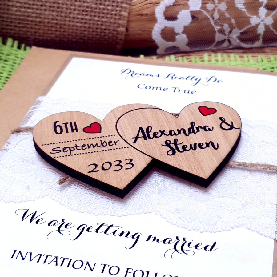 Unique Save the Date Wooden Magnet-Two Hearts