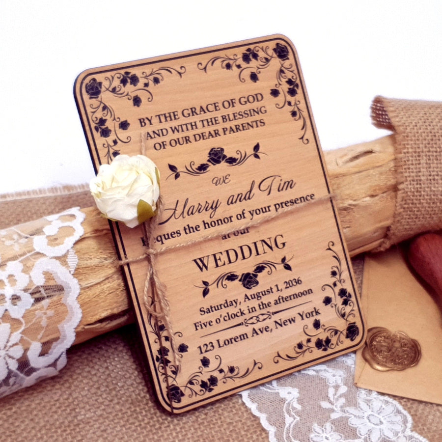 Unique Wooden Wedding Invitation-White Rose
