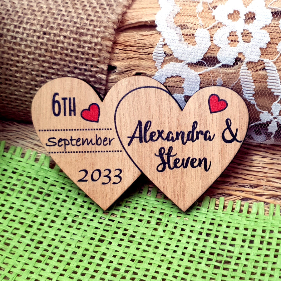 Unique Save the Date Wooden Magnet-Two Hearts