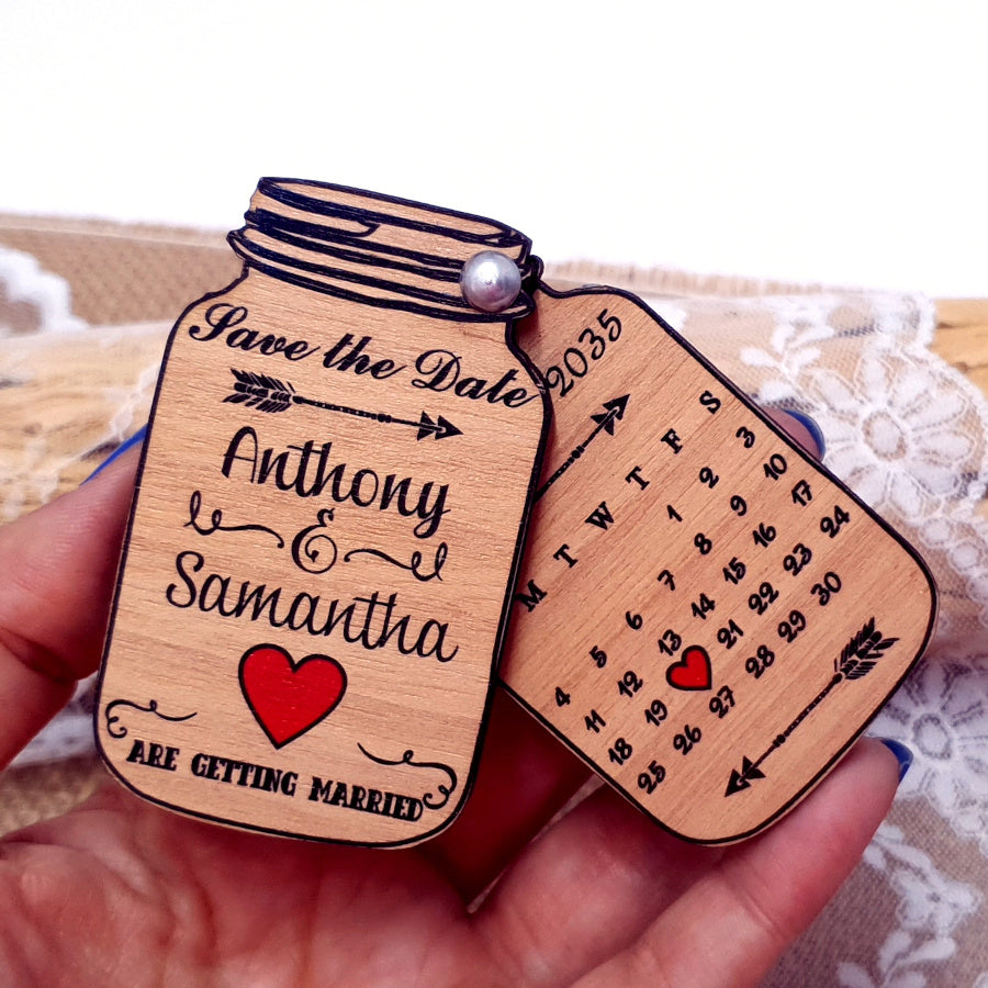 Unique Wooden Mason Jar Save the Date Magnet with a Calendar